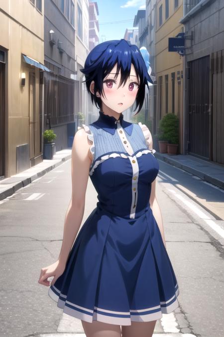 (extremely detailed CG unity 8k wallpaper), (masterpiece), (best quality), (ultra-detailed), (best illustration), (best shadow), (absurdres), 1girl, solo, <lora:tsugumi_v2:0.8>, tsugumi seishirou, blue dress, sleeveless, standing, street, blush, parted lips, looking at viewer, (v arms:1.2)