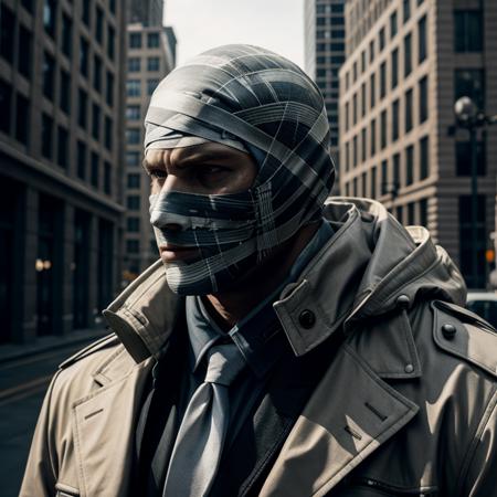 Hyperrealistic art of  <lora:hush SD1.5:1.2>
hush comic character a man in a a face covered in bandages and a jacket standing in front of a city, Extremely high-resolution details, photographic, realism pushed to extreme, fine texture, incredibly lifelike