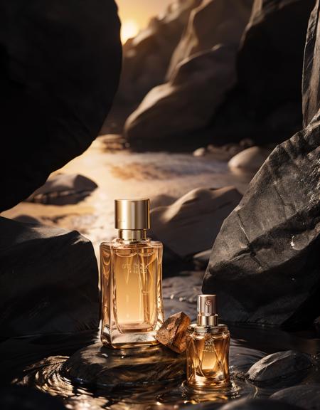 anse,Men's perfume, rocks, water, bright light,octane render, unreal engine, film grain, bokeh, blur foreground, blur background,gradient background,blur