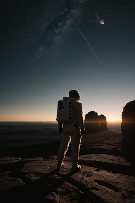 raw photo of a lone astronaut standing on the rugged terrain of an alien planet at twilight. The scene should convey a profound sense of isolation and awe. The astronaut, a middle-aged South Asian man, is silhouetted against a vast, otherworldly landscape, with towering rock formations and a distant, glowing horizon. The planet's two moons hang low in the sky, casting a surreal, soft light over the scene. The astronaut's posture is contemplative, gazing out at the horizon, his figure reflecting a mix of vulnerability and courage. The environment is detailed with textures of the alien rocks and fine regolith underfoot, contrasting with the sleek, modern design of the spacesuit. The lighting is a balance of the fading natural light of the alien sunset and the subtle, artificial glow from the suit's lights, highlighting the emotional and physical journey of exploration and solitude.
