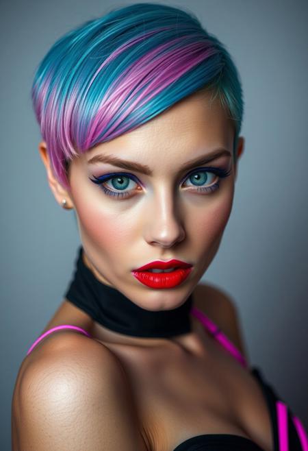 a gorgeous 25 years old caucasian woman, pale skin, cyan short hair in asymmetrical cut with shaved right side and pink longer bang on the left side, long blue eyelashes, blue mascara, purple eyeliner define her big beautiful grey eyes, green eyeshadow, luscious sensual red glossy lips, rouge, sexy curves, sexy feminine outfit with neon pink and neon cyan lines, looking at viewer dominantly