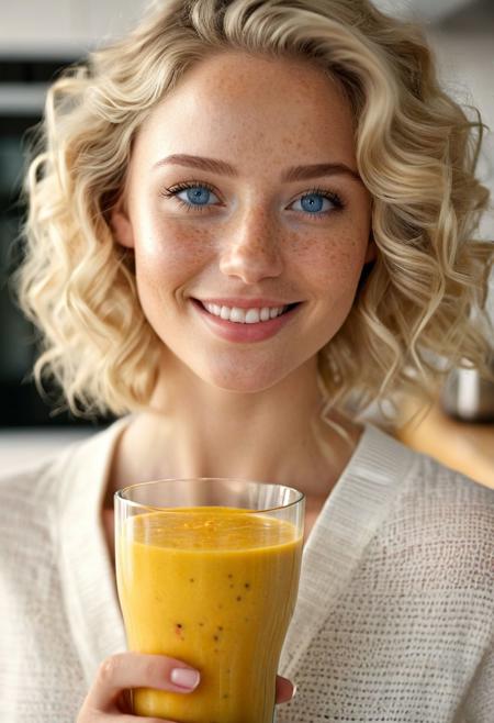 Drinking smoothie, wide-angle view, ((full-figure visible:2.0)), entire body in frame, kitchen overview, ((spacious composition:1.5)), head to toe in shot, standing in kitchen, kitchen advertisement, full body, lips touching glass, glass in front of mouth, (open mouth:1.2), DRINKING, (SMOOTHIE:2.0), drinking smoothie, BLUE smoothie, healthy smoothie, smoothie in glass, perfect fruits, perfect glass, perfect fingers,  gym clothing, sports clothes, white top, white sporttop, athletic clothing, happy, smiling, laughing, beautiful girl, short light blonde wavy hair, above shoulder length blond curly hair, bob cut, blue eyes, blue eyes:1.1, perfect eyes, extremely detailed eyes, extremely detailed face, textured skin, photorealistic, hyperdetailed:1.2, insane details, natural look, cute face, stunningly beautiful, pale skin, freckles, blush, detailed skin, extremely detailed, 1girl, shoulders, arms, breasts, hips, hands, perfect hands, perfect feet, perfect eyes, perfect nails, upper legs, legs, happy, open mouth, perfect teeth, in the kitchen, marble kitchen block, modern kitchen, 4K, RAW, best quality, masterpiece, ultra-detailed, hyperrealism:1.2, RAW photo, best quality, realistic, photo-realistic:1.3, best quality, masterpiece, extremely delicate and beautiful, extremely detailed natural lighting, bokeh:1.2, Porta 160 color, shot on ARRI ALEXA 65, Fujifilm XT-3, WARMER LIGHTING, sunny kitchen, warm sunlight, sun rays, inviting atmosphere