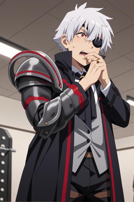  nagumo, white_hair, short_hair, eyepatch, red_eyes, armor, coat, shirt, ascot, ring