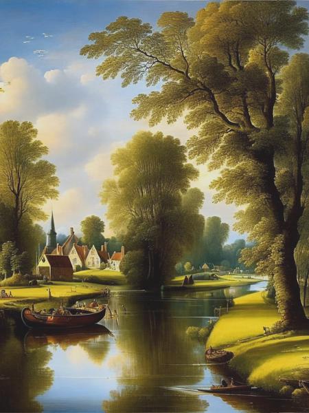 <lyco:SalomonvanRuysdael:1.0> modern day ducth countryside canals and nature in the style of the dutch golden age artists rembrandt and vermeer. make refrence to the british artist turner, beautiful high detail