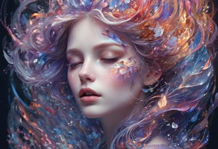 In this captivating digital artwork, Anna Dittmann features an ethereal face with porcelain skin and sparkle with
An extraordinary fluid texture takes center stage in a dynamic pose with a mysterious facial expression, illuminated by radiant accents that add shine and attract the viewer. The background is a stunning combination of abstract shapes and colors using the technique of molten hot colored stained glass enamel, flowing, evoking a feeling of vibrant energy. The overall composition masterfully combines elements of modern art to create an otherworldly, sophisticated masterpiece