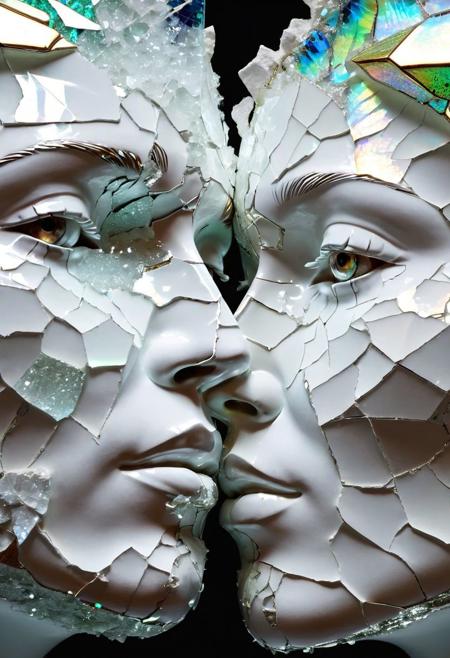 Two cracked white porcelain faces, 
Broken Glass effect, 
no background, 
stunning, 
something that even doesn't exist, 
mythical being, 
energy, 
molecular, 
textures, 
iridescent and luminescent scales, 
breathtaking beauty, 
pure perfection, 
divine presence, 
unforgettable, 
impressive, 
breathtaking beauty, 
Volumetric light, 
auras, 
rays, 
vivid colors reflects