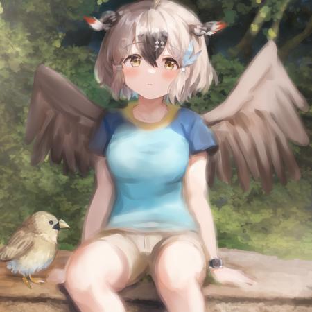 kusomeepchan, 1girl, ((solo)), shirt, beige hair, short sleeves, head wings, bird tail, beige bike shorts, short hair, hair between eyes, aqua t-shirt, shirt writing, bangs, hair tubes, yellow eyes, feather hair ornament, sidelocks, bare arms, watch, detailed shading, detailed ambient light