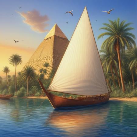 artwork depicting a serene and picturesque scene featuring a large, ancient Egyptian pyramid in the background, bathed in the warm glow of a setting sun. The pyramid is finished with a smooth white render with the sunlight reflecting off its surface. In the foreground, an ancient Egyptian sails a traditional wooden dhow with a tall mast, its sail billowing as it glides smoothly across a calm river. Surrounding the river are lush palm trees, their fronds swaying gently, adding to the tropical ambiance. The sky is a blend of warm oranges and soft blues, with a few birds soaring gracefully above, enhancing the tranquil atmosphere. The overall composition is balanced, with the pyramid centrally positioned, creating a harmonious and captivating visual experience. novuschroma10 style, colored pencil