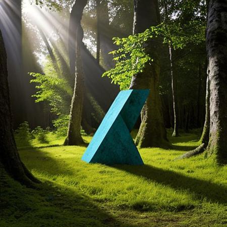 A hyper-realistic painting featuring a three-dimensional blue triangle with human eyes and a mouth, clearly expressing an emotion such as sadness or joy. The triangle should have realistic textures and lighting, making it appear as part of the physical world. It is set in a lush, vibrant forest at dawn, with sunlight filtering through dense foliage, illuminating the moss-covered ground and small wildflowers. Birds and woodland creatures add life to the serene setting. The triangle should blend seamlessly into the environment despite its surreal form, creating a striking contrast between the natural beauty of the forest and the lifelike, anthropomorphic triangle