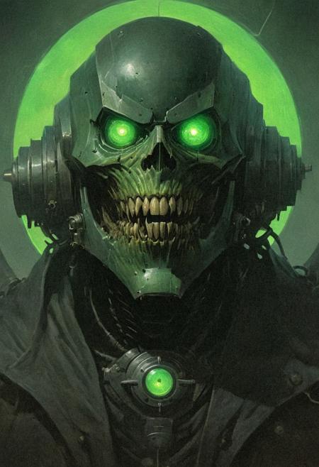 DnD_Grainyboyz, circular, retangular, light artwork of a human like giant robot, giant jaw, silver metal, big round glowing green eyes, wearing black and detective coat