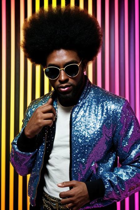raw photo, upper body, disco, (80s, retro:1.1), dance floor, lasers, rainbow theme, a dancer man, 30 years old, sunglasses, big afro, (manly, wide jaw:1.2), dark skin, sparkly jacket, golden shirt, (vibrant colors:0.9),