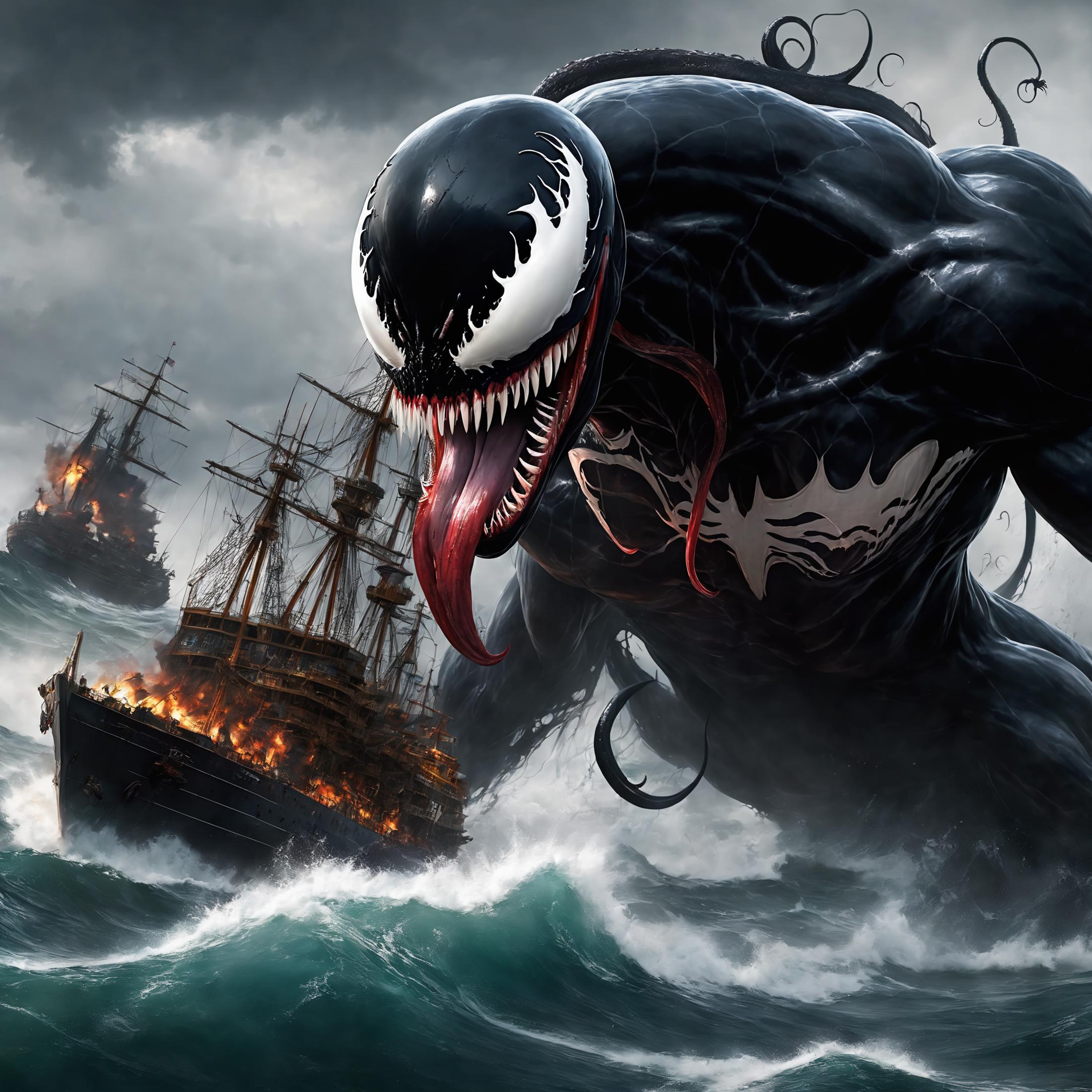 A Venomous Scene: Venom the Symbiote Takes Over the Ocean with His Mouth Open and a Pirate Ship in the Background
