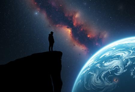 One shadowy figure standing on the edge of a cliff in space in solitude, gazing down at a planet below woundering if he's alone in the vast cosmos of reality ,  stars and galaxies  fill the background in representation of the deep endless sadness and loneliness that fills him to the core,