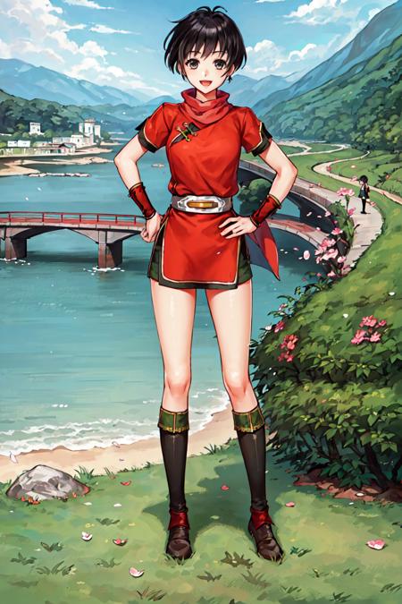 <lora:kasumis_suikoden:0.77>, kasumi suikoden, 1girl, solo, short hair, brown hair, ((masterpiece)), (best quality), 1girl, alone, bridge, grass, focused, close angle, grabbing, smile, detailed, anime, brown eyes, hand on hip, open mouth, standing, shoes, short,short sleeve, black hair, flats, holding, :d, ribbon, no socks, chinese clothes, bangs, black footwear, colorful,  from behind, full body, standing, cliff, mountain, ocean,  looking away, looking at another, looking to the side, stone castle middle ocean, red clothes, green