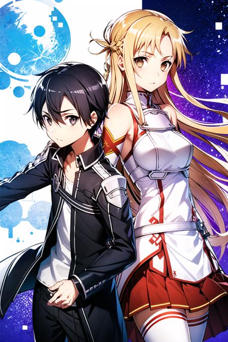 1girl, weapon, sword, long hair, 1boy, asuna (sao), red skirt, thighhighs, brown hair, brown eyes, skirt, detached sleeves, pleated skirt, holding, kirito, sheath, armor, black hair, holding weapon, looking at viewer, breastplate, very long hair, holding sword, black eyes, black pants, sheathed, long sleeves, collarbone, black gloves, pants, white sleeves, miniskirt, hair between eyes, gloves, white thighhighs, shiny, hand in pocket, standing, unsheathed, white armor, white dress, looking back, fantasy, bare shoulders, shiny hair, coat, sleeveless, weapon on back, white background, floating hair, dress,<lora:abec_v2:0.8>