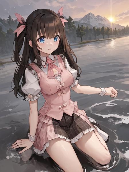 <lora:lovely:0.45>,brown hair, (brown skirt:1), blue eyes, twintails, 

 {{{masterpiece}}}, {{best quality}}, {{super fine illustration}}, {{beautiful and delicate water}}, {{beautiful and detailed eyes}}, {very detailed light}, {perfect and delicate limbs}, {nature}, {painting}, {water bloom}, {delicate glow}, {{very fine 8KCG wallpaper}}, lavender eyes, peach pink pupils, whole body, luminous eyes, an extremely delicate and beautiful girl, (1 girl), medium chest circumference, dynamic angle, (brown dress), (long hair floating everywhere), (delicate wet dress), (nsfw), (breeze), long hair blown up, ((messy hair style)), (long bangs between eyes), wrinkled skirt, Flowers meadow, near the water edge, (((sunset))), (less stars form a circle), randomly distributed clouds, (rivers), (willows with branches falling into the water), 

{{{masterpiece}}}, {{the best quality, super fine illustrations, beautiful and delicate water}}, {{very delicate light}}, {{nature, painting}}, {{fine lighting, more transparent stars, high-quality snowflakes, high-quality mountains, very fine 8KCG wallpapers}}, (plateau), (((snow mountain))), sunrise, randomly distributed clouds, (snow field), cliff, ((rotating star sky)), ((lake in mountain stream)), luminous particles