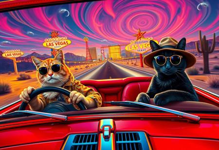 Two cats ride in a red convertible speeding down a desert highway toward a neon-lit Las Vegas skyline. The scene mirrors the iconic ‘Fear and Loathing in Las Vegas’ shot, but with feline travelers. The driver, a scruffy tabby in oversized aviator sunglasses and a Hawaiian shirt, grips the wheel with a wild expression. The passenger, a sleek black cat in a bucket hat and round tinted glasses, leans back with a smug grin, a cigarette dangling from its mouth.  Windshield visible with glowing luminescent bugs on it,
The environment is infused with psychedelic energy—distorted road signs melt into the horizon, the sky swirls with surreal colors, and cacti appear to sway and stretch. The desert landscape warps in a heatwave haze, while neon reflections shimmer in the car’s chrome details. The perspective is exaggerated and chaotic, capturing the frenetic, trippy atmosphere of the original scene in a humorous and feline twist.