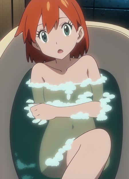 (masterpiece:1.2), (4k wallpaper), 1girl, solo, mistypkm, orange_hair, hairdown, lying in bathtub, bathing, partially submerged, bathing in bathtub, bubble, wet body, nude, soap, soap censor, bathtub, bathroom, animescreencap, <lora:mistypkm:0.85>