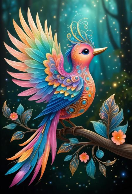 A whimsical bird with a fantastical appearance, featuring feathers in a kaleidoscope of colors—bright blues, pinks, oranges, and greens, with each feather having intricate patterns like spirals, stars, and tiny floral designs. The bird has large, expressive eyes with long, curled lashes, and its beak is delicately curved with a golden sheen. Its wings are oversized and shaped like delicate leaves, glowing softly as if infused with magic. The tail feathers fan out in a gradient, blending into a mist of sparkling stardust. The bird perches on a branch made of twisting vines that bloom with glowing flowers, in a dreamlike forest filled with floating orbs of light