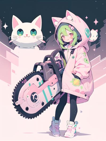 (cute illustration:1.4),(pastel color:1.3),(kawaii, cute, sweet:1.3),
1girl,cat,full body,oversized hooded jacket,full body,
BREAK
holding huge chainsaw, <lora:weapon_alpha4_rate00002:0.7>