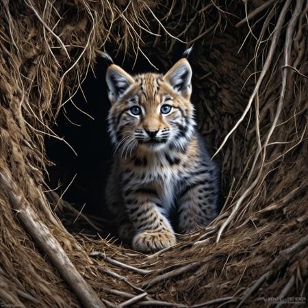 Hyper realistic photography, Carl Brenders style, lynx cub emerging sideways from under sheltering roots, eyes large and captivating, fur ruffling with the semblance of hiss, juxtaposition of menace and charm, unusual angle highlighting the cub's gaze, richly textured background, dramatic lighting, ultra fine detail.