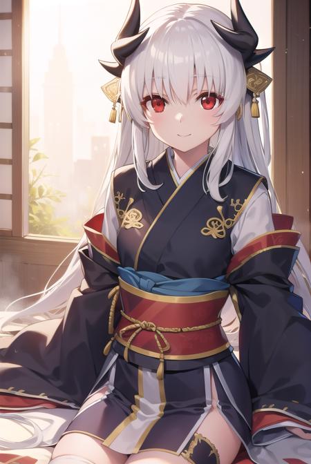 kiyohime, <lora:kiyohime-lora-nochekaiser:1>,
kiyohime, white hair, dragon girl, dragon horns, horns, long hair, (red eyes:1.5), smile, (small breast:1.2),
BREAK japanese clothes, obi, sash, thighhighs, wide sleeves, yukata,
BREAK looking at viewer,
BREAK indoors,
BREAK <lyco:GoodHands-beta2:1>, (masterpiece:1.2), best quality, high resolution, unity 8k wallpaper, (illustration:0.8), (beautiful detailed eyes:1.6), extremely detailed face, perfect lighting, extremely detailed CG, (perfect hands, perfect anatomy),