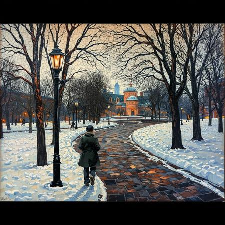 Byzantine Mosaics of a"Boston in winter, Boston Central park In the style of the artists Thomas Cowperthwait Eakins,AlcoholInk.hanna,Grunge Art, inviting ambiance typical of impressionist art.". René Magritte style painting , perfect proportions, soulful, sad look,modern_portraiture_style