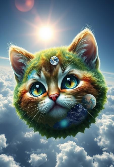 "Hyper-realistic depiction of a kitten crafted entirely from the planet Earth, with continents, oceans, and cloud formations forming its adorable features. The kitten's fur is composed of lush green forests, rolling hills, and vast deserts, while its eyes are two shimmering oceans. The nose is a tiny mountain range, and the whiskers are wispy cirrus clouds. The kitten's body is a perfect miniature replica of the Earth's geography, complete with tiny islands and sea currents. Floating mid-air next to the kitten is the sun, shining brightly and casting a warm glow on the feline's terrestrial form. The sun's rays illuminate the kitten's features, highlighting the textures and patterns of the Earth's surface. Style: extremely detailed, hyper-realistic, and photorealistic, with a focus on capturing the intricate textures and patterns of the Earth's surface and the kitten's adorable expression."