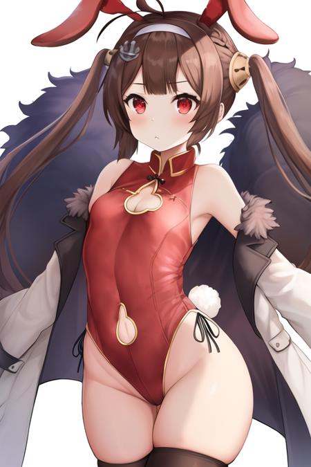 masterpiece, best quality, highres, solo, {ping_hai_azurlane:1.10}, brown_hair, long_hair, bangs, ahoge, twintails, red_eyes, breasts, blush, small_breasts, hairband, hair_ornament, white_hairband, very_long_hair, anchor_hair_ornament, 1girl, animal_ears, bare_shoulders, leotard, looking_at_viewer, rabbit_ears, red_leotard, brown_thighhighs, covered_navel, fur_trim, jacket, off_shoulder, thighhighs, white_jacket, black_thighhighs, braid, cleavage_cutout, closed_mouth, fur-trimmed_jacket, long_sleeves, open_clothes, simple_background, two_side_up, white_background, ass_visible_through_thighs, clothing_cutout, cowboy_shot, groin, highleg, highleg_leotard, open_jacket, wide_sleeves