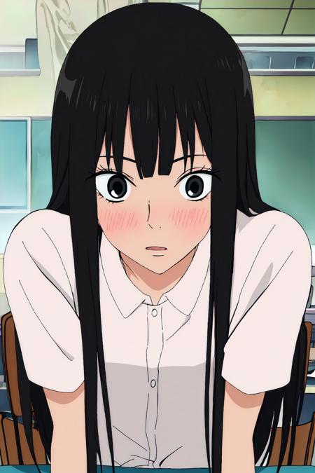 ((best quality)),((highly detailed)),masterpiece,absurdres,detailed face,beautiful face,((detailed eyes, deep eyes)),(1girl),((dynamic pose)), <lora:SawakoV1:1>sawako, 1girl, black hair, solo, long hair, bangs, black eyes, blunt bangs, blush, looking at viewer, open mouth, shirt, hime cut, upper body, indoors, chair, classroom, desk, parted lips