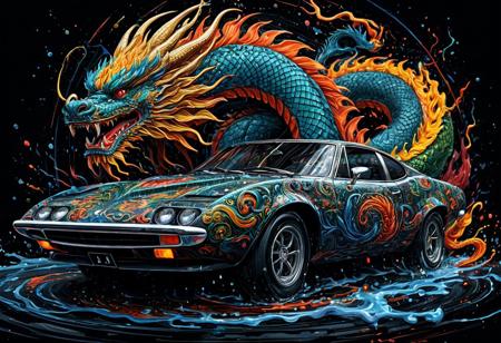 Finely detailed vector illustration, classical sports car, chinese dragon, symbiosis, ultra realistic quality, circle symbol, black background, hyperdetailed, intricately detailed,  triadic colors,fantastical,intricate detail,splash screen,complementary colors, fantasy concept art, 8k resolution, masterpiece, oil painting, thick strokes, rich strokes, running drops,