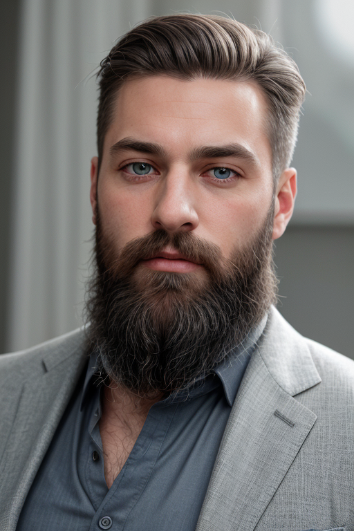 <lora:skinny_new_skin:0.2> <lora:detailed_eye:0.1> RAW photo, portrait of a beautiful man with a beard in a grey suite, fu...