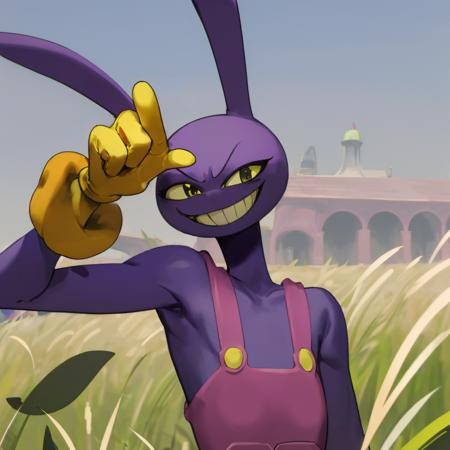 JaxAmazing , grassy outdoors background , evil smile , yellow gloves , ta da pose , bunny man, purple fur , amazing art  <lora:JaxAmazingLora-000009:0.8>