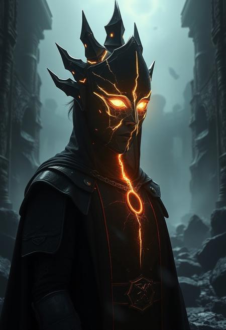 Dark fantasy of a mage with a shattered mirror face, glowing cracks emitting cosmic energy, standing in an ancient ruin surrounded by floating stones, atmospheric lighting, cinematic composition, trending on ArtStation