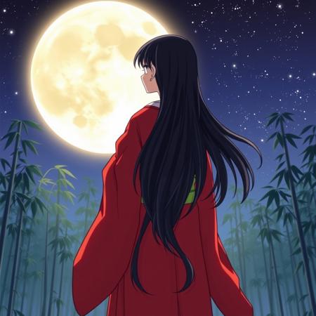 Princess Kaguya, the figure standing looking at the moon is full of melancholy, Japanese clothes, wide sleeves, red (karaginumo:1.1), layered kimono, 1girl, solo, black hair (hime cut:1.2) very long hair spread out, wide shot, she sees (full moon:1.1), moonlight, starry sky, (bamboo thicket:1.1), (back view, standing),