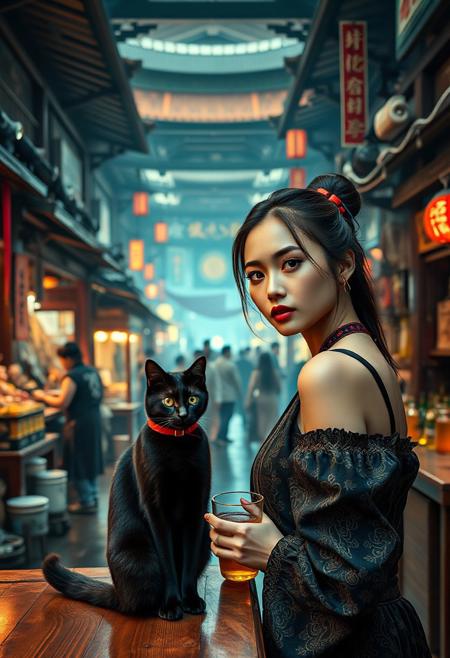 Setting is a tang dynasty street market at night, the market is comprised of street vendors selling robot parts, food, weapons, and robot pets. People wearing tang dynasty clothing are walking through the street market shopping and eating, A sleek black cat with red collar sits on a cluttered wooden counter, Behind the counter is a bar selling alcoholic beverages, (((a beautiful woman, 24 years old is standing in the foreground, the woman  facing the viewer with a cup of alcohol beverage in her hand. Her eyes are beautiful and focused on the viewer, she has an expression of interested curiosity))), the sleek black cat with red collar is sitting on the counter and watching the people walking by in the busy street market, the woman is dressed in yang dynasty style clothing combining a sexy and Chinese classic Tang aesthetic. The woman's hair is elegantly tied up with a ribbon. Artistic cyberpunk, dynamic perspective, (((overall architectural aesthetic is Ancient Tang Dynasty Chang-An China))).  Epic image that elicits a feeling of wonder and awe, part of the interior is visible,
