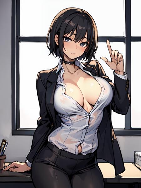 ((masterpiece:1.2, best quality)), 1milf, solo, (suit, office girl), black hair, short hair, seduce