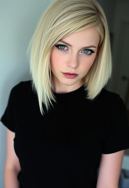 woman, blonde bobcut hair, parted half hair, green and blue eyes, eyeliner, gothic, wearing black t-shirt,