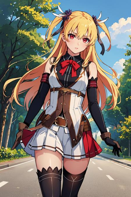 masterpiece, best quality, alisa reinford, sen2alisa, two side up, black ribbon, red bow, sleeveless shirt, pleated skirt, elbow gloves, thigh strap, black thighhighs, serious, walking, road, forest, grey sky <lora:alisa-nvwls-v2-000009:1>