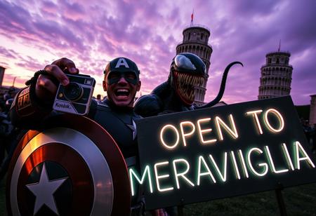 Marvel icons, Captain America and Venom, are caught in a surreal, high-energy selfie in front of the Leaning Tower of Pisa, with a dark, ominous atmosphere creeping into the scene. Captain America, his shield glinting under a fading sun, holds a vintage Kodak MC3 camera, trying to capture the moment. Venom, grinning wildly, strikes a chaotic pose, his black tendrils coiling unnervingly around Cap, almost too tight, as if blurring the line between playful and sinister. Behind them, a massive Sion army marches forward, their eyes glowing an eerie, unnatural red through their shadowy, insect-like helmets.
The sky is a strange, bruised purple, casting unsettling hues across the landscape. The Leaning Tower of Pisa leans dangerously, its shadow long and twisted, as if the world itself is warping. In the foreground, a creepy neon cardboard sign reads ‘OPEN TO MERAVIGLIA,’ but the letters flicker erratically, as though malfunctioning, with some symbols distorting into unfamiliar, unsettling shapes. Holographic accents pulse in and out, distorting reality. Dust and fog swirl ominously around the scene, as if the world is caught between dimensions, adding to the eerie, haunted feel of this strange and thrilling moment
