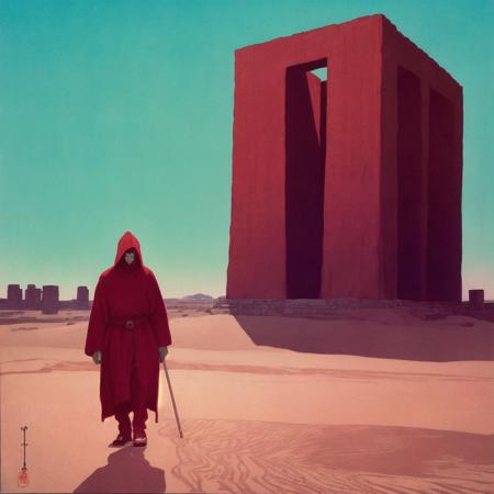 a figure dressed in a deep red hooded cloak with his face in shadow, walking with a cane across a desert, toward  an enormous brutalist concrete temple in a square pool, green sky, striking color contrast,  dark fantasy, woodblock print,  shin hanga style, <lora:Shin_Hanga_sd1.5_v0.19CAPKalpha-000009:1>