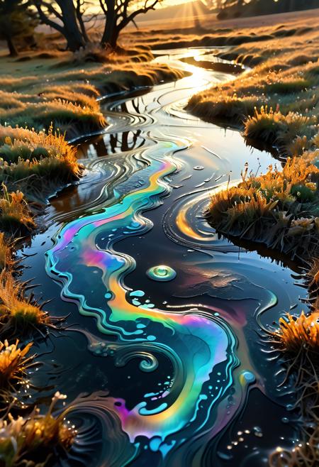 A herd of slime-morph ponies stampedes across a vast, surreal landscape, their bodies shifting fluidly with every stride. The ground beneath them is in constant transformation, melting into pools of iridescent ooze before reforming into vibrant, undulating waves of terrain. Trees drip like wax, their leaves stretching downward before snapping back into shape, while massive, glowing fungi pulse with a slow, rhythmic glow. The sky above is a surreal swirl of liquid hues, constantly blending and reshaping like a cosmic oil painting. Each pony leaves behind trails of luminous slime that glimmer in the shifting light, adding an otherworldly sense of motion. Every droplet of goo is meticulously detailed, reflecting its surroundings with crystalline precision