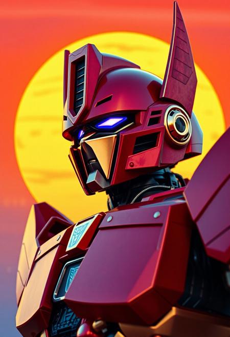 Red and gold transformer evil robot, cowboy shot photograph, with an orange and blue synthwave sun background. Slightly turned. Decepticon.