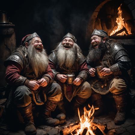 a group of three dwarves sitting around a fire, laughing, ornate, rugged, dim light, vignette  <lora:add-detail-xl:1> portrait