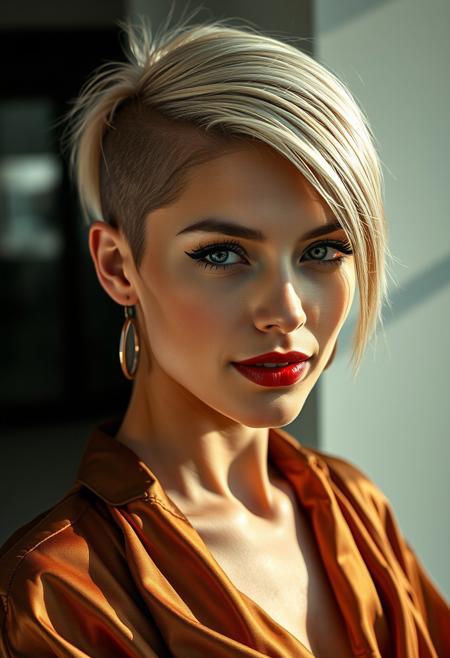 A striking, cinematic portrait of a rebellious beauty. A 35-year-old Caucasian woman, her asymmetrical haircut - one side shaved, the other cascading - frames her alluring face. Soft, natural light illuminates her features, casting delicate shadows that accentuate her bone structure. Her eyes, smoldering with desire, are framed by dramatic eyeliner and long, luscious lashes. Her lips, painted a deep, seductive red, curve into a knowing smile. She's draped in a luxurious, flowing garment that hints at a wild, untamed spirit. The backdrop is a minimalist, modern setting, allowing her to command the frame.