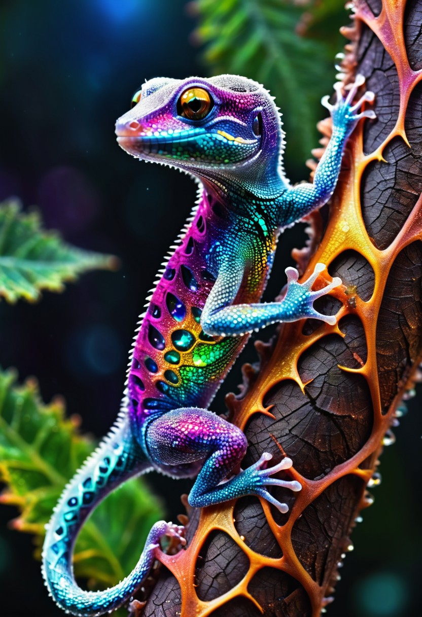 Fractangles, Macro Photography, a gecko made out of fractangles, vibrant, shining starlight,dew drop, climbing up a tree, vibrant background, Extreme Detail, UHD,8K, natural Lighting, Professional Photography, fine art,