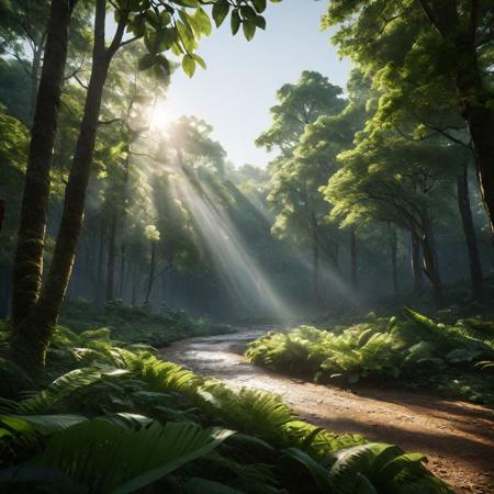 An immersive forest scene where advanced lighting techniques like HDR and ray tracing reveal intricate details and textures, focusing on a person in a sports bra with a striking Javanese appearance. The use of Unreal 5 technology, subsurface scattering, and PBR textures accentuates the realism and depth, while cinematic lighting and a large aperture create a soft, yet detailed visual. The composition benefits from hyper-resolution, showcasing a layered texture and nuanced skin tones under a canopy of trees, with sunlight filtering through in beams, creating a dynamic interplay of light and shadow. The scene adheres to the rule of thirds, with a focus on achieving an award-winning visual masterpiece through octane rendering and accurate simulation of light-material interactions. Created Using: immersive forest, advanced lighting, realistic textures, cinematic quality, hyper-resolution, rule of thirds, visual masterpiece, octane rendering