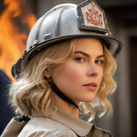 (high quality), (((photo nk2000s))), cinematic, high quality, 8k, bokeh, film grain, side view, medium breast, <lora:NK_2000s:0.8> , smirking, (blonde shoulder length hair), dressed as a fire fighter