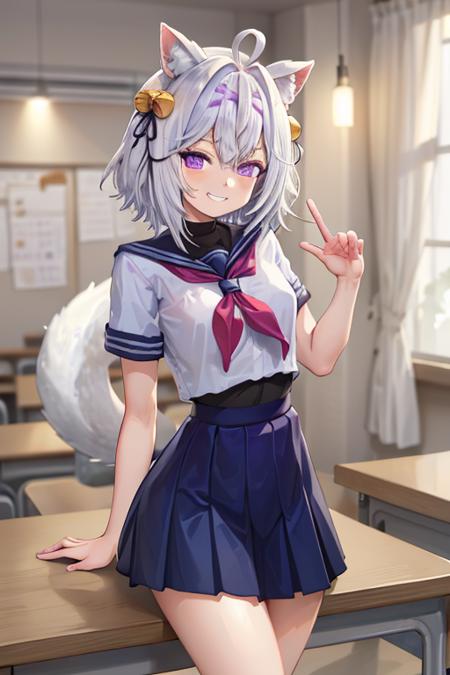 filian filian, purple eyes, white hair, short hair, ahoge, animal ears, hair bell, hairband, tail, purple nails