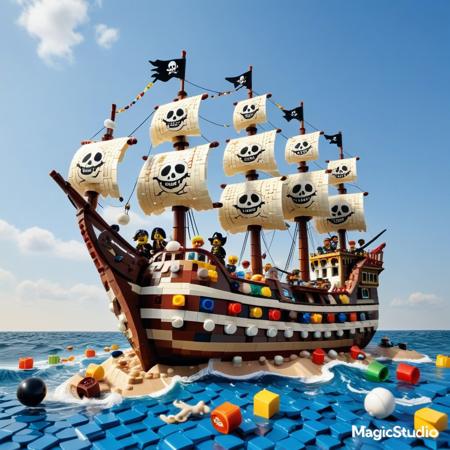a LEGO pirate ship braving a brick-built ocean, sails stitched from flat tiles, cannonballs flying as rounded studs, wave crests shaped with white curved slopes, minifig pirates yelling with expressive printed faces, LEGO
